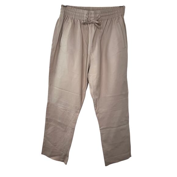 Kujten Marl Beige Leather Trousers High-Rise Elastic Waistband Size Large L NEW - Picture 2 of 9